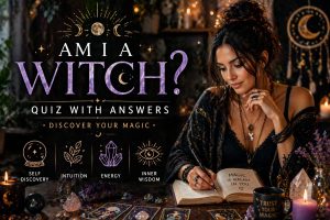 Modern witch surrounded by candles crystals and tarot cards for Am I a Witch quiz with answers featured image