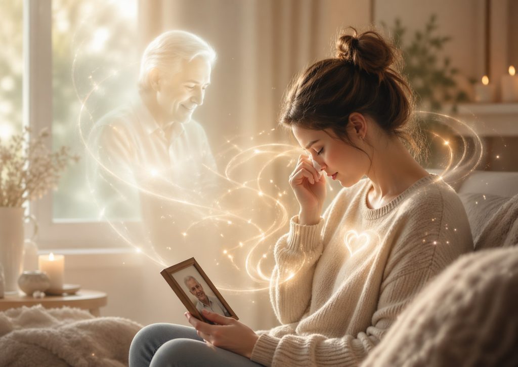Grieving woman holding a framed photo while sensing a gentle spirit presence beside her