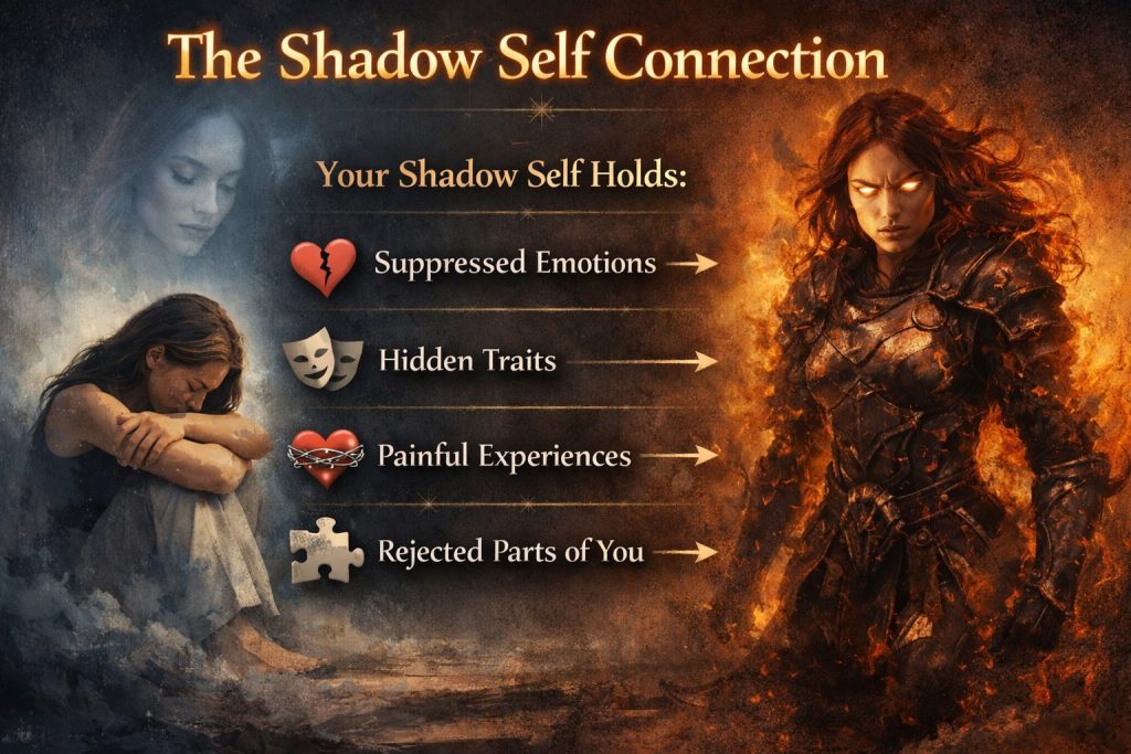 Infographic showing the shadow self connection, where emotional triggers are linked to suppressed emotions, hidden traits, painful experiences, and rejected parts of yourself
