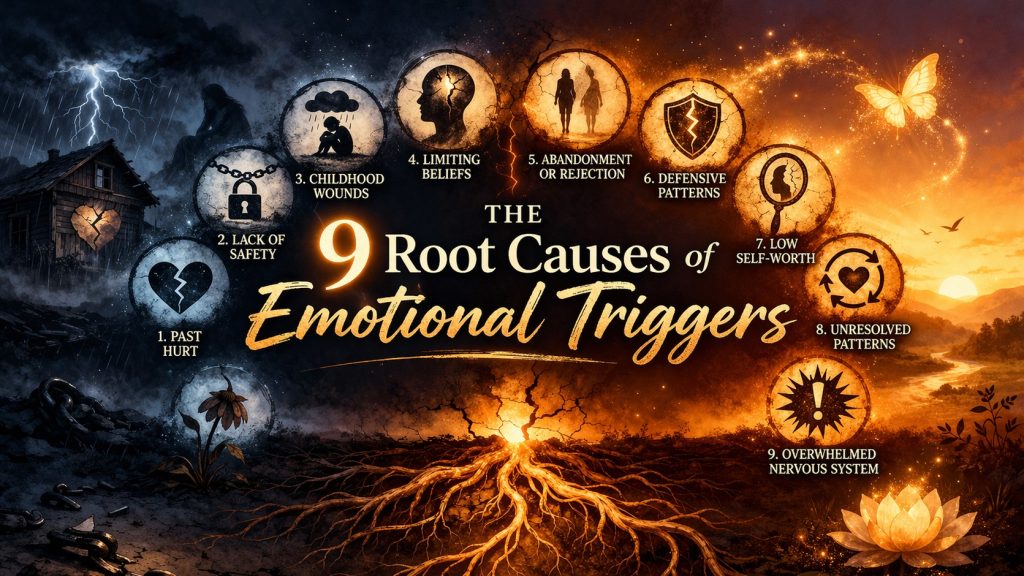 9 root causes of emotional triggers: feeling controlled, rejected, disrespected, traumatic memories, unfairness, vulnerable, conflict, stress, and physical discomfort