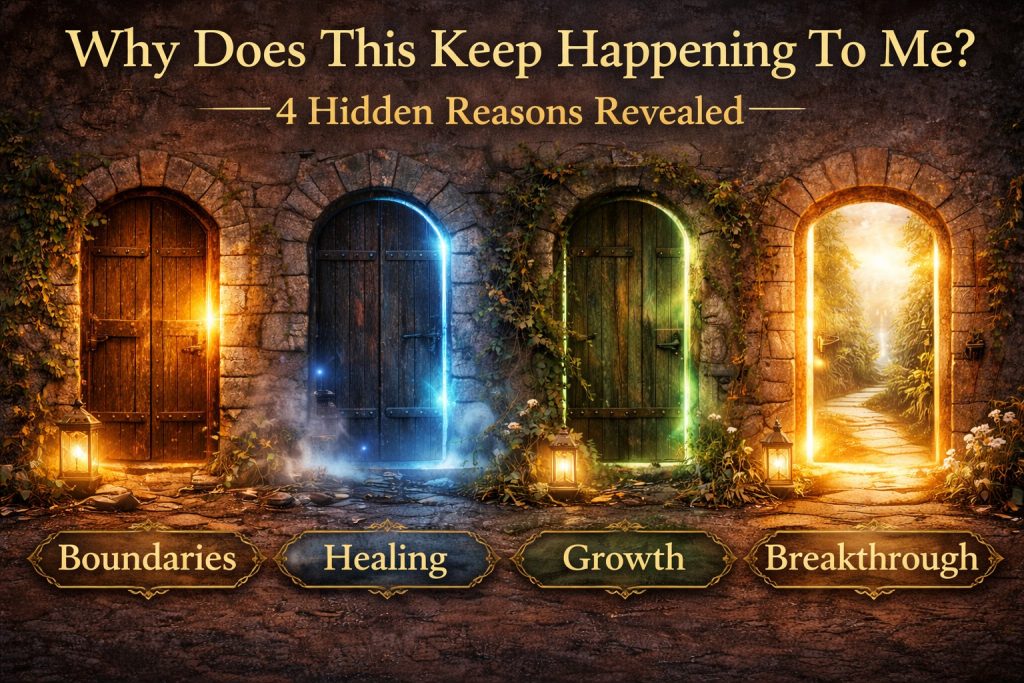 Four spiritual open glowing doors representing boundaries, healing, growth and breakthrough with light shining through each doorway.