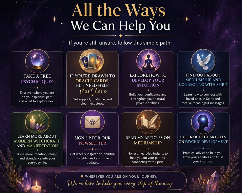 How to develop your intuition - visual guide showing quizzes, oracle cards, mediumship, 
and spiritual resources