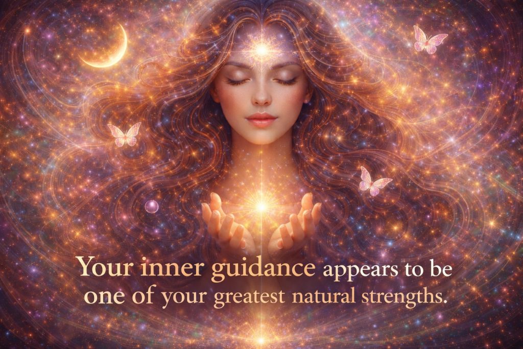 Serene woman with glowing third eye and cosmic light, showing your intuition is strong and works well for you.