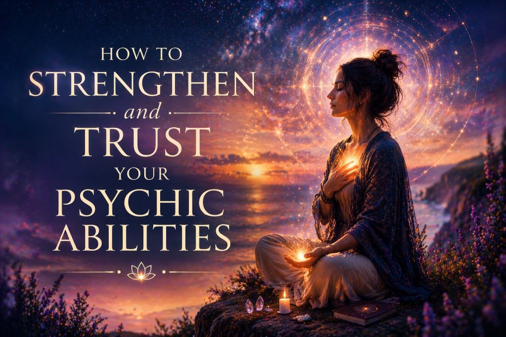 Woman meditating at sunset on a cliff, holding glowing light with radiant energy around her, representing strengthening and trusting psychic abilities.