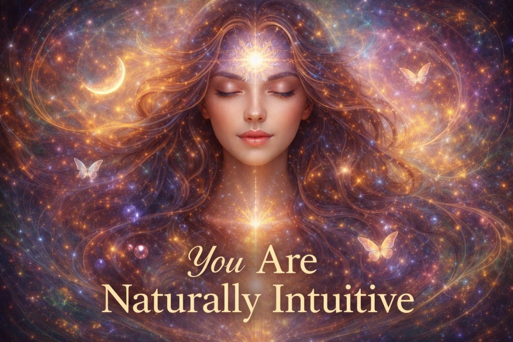 A peaceful woman with eyes closed and a glowing third eye surrounded by cosmic light and butterflies, representing natural intuition and inner knowing.