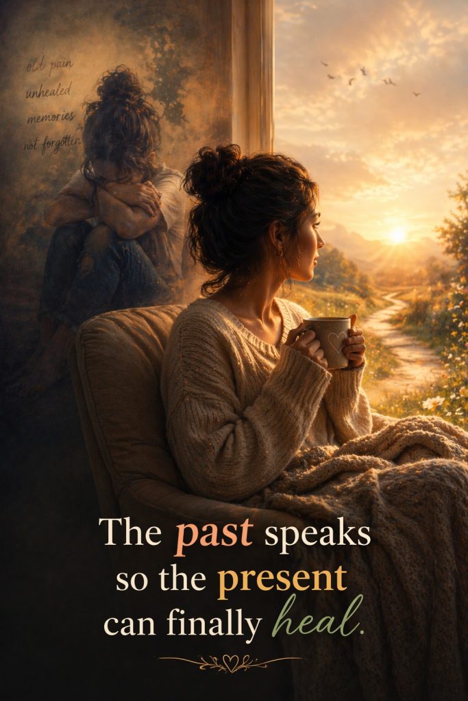 Inspirational healing image of woman reflecting by a window while past pain fades behind her symbolising emotional healing and moving forward