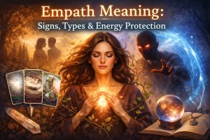 Empath meaning illustration showing a woman holding glowing energy, surrounded by protection light and energy vampire figure with 6th Sense Connection oracle cards