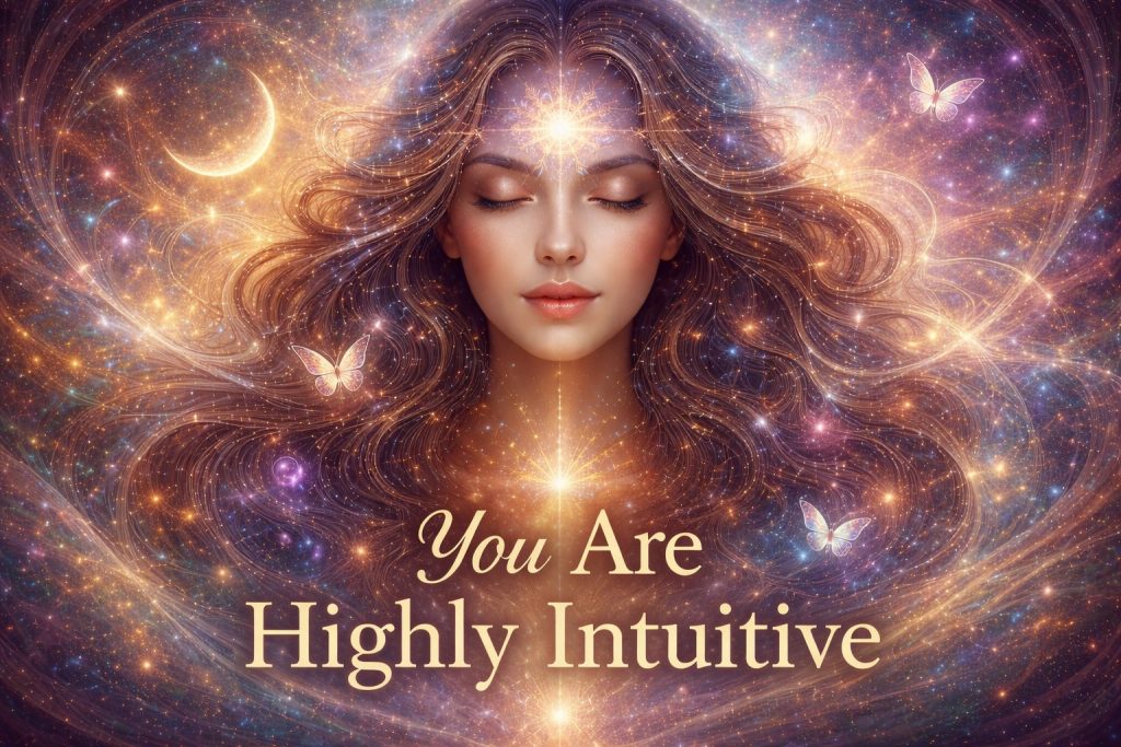 A serene woman with closed eyes and a glowing third eye surrounded by swirling cosmic light, stars, and butterflies, with the words “You Are Highly Intuitive”