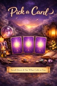 Pick a card blog image with multiple readings to choose from, featuring three purple star-backed cards in a mystical spiritual setting. 