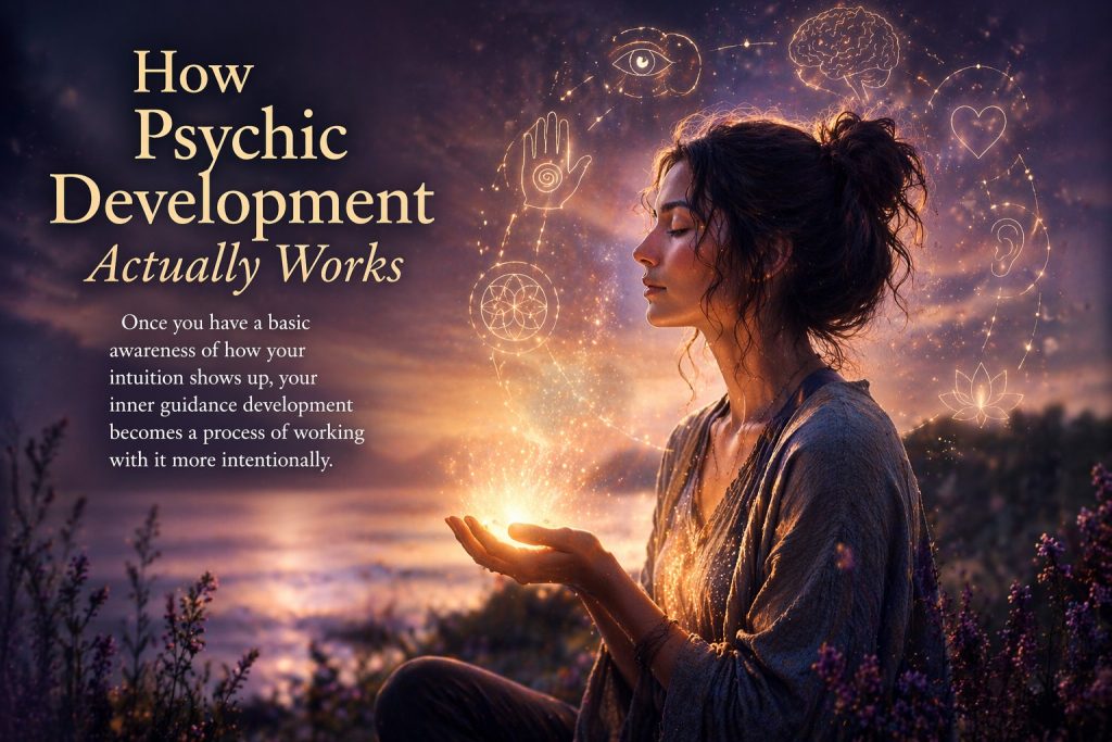 Woman sitting peacefully at sunset holding glowing light in her hands, surrounded by symbolic intuitive icons, representing psychic development and inner guidance.