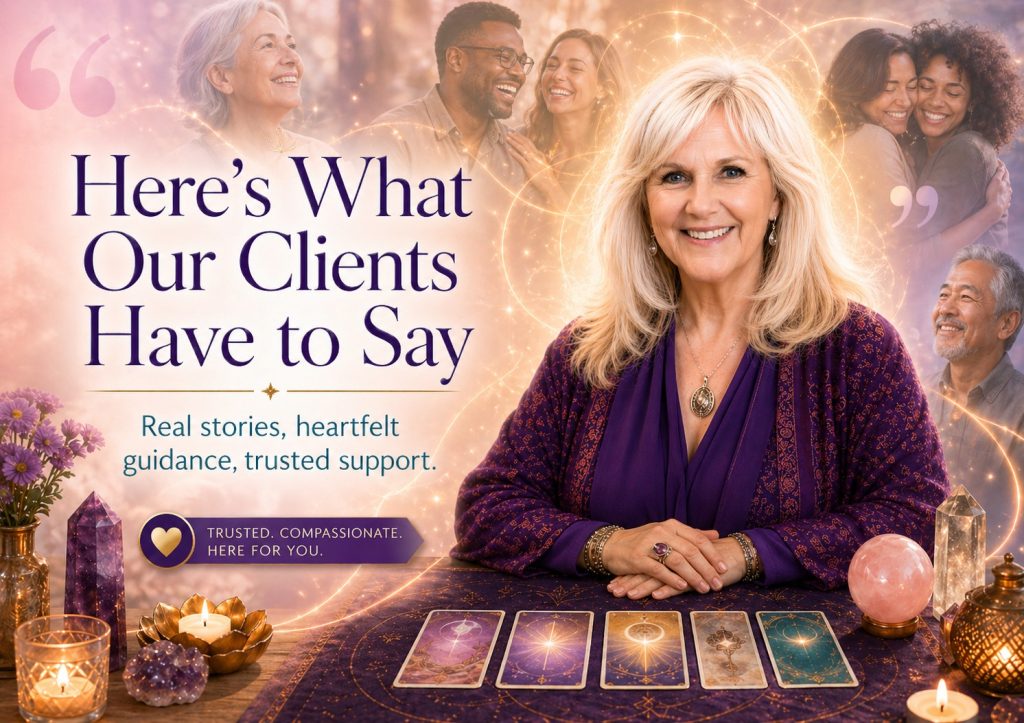 Anne-Marie smiling beside the words Here’s What Our Clients Have to Say with candles, crystals, oracle cards, and happy client imagery.