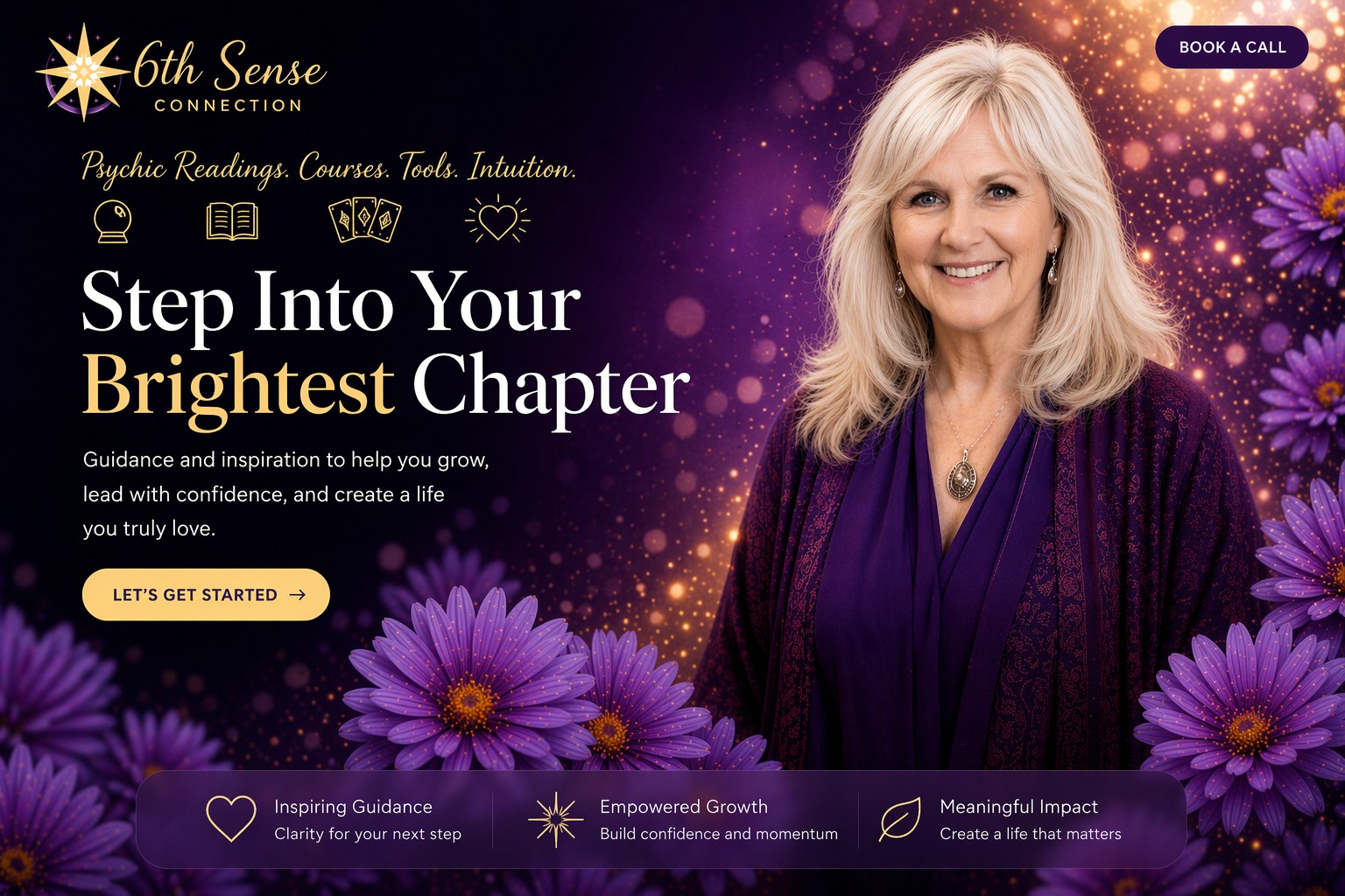 Anne-Marie psychic medium surrounded by purple flowers with 6th Sense Connection branding offering psychic readings, courses, tools, and intuition development
