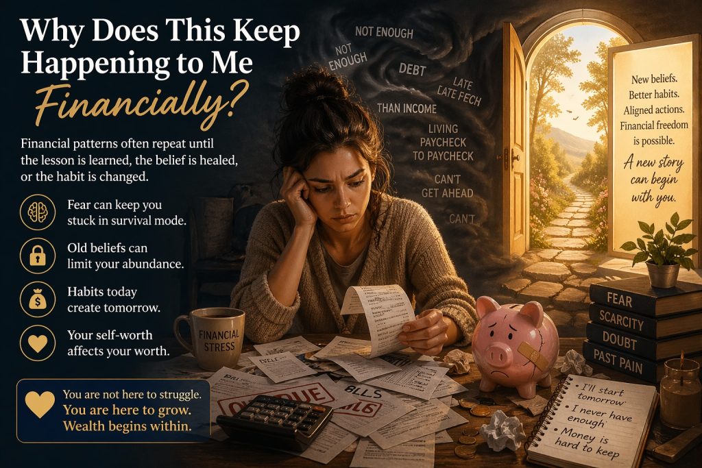 Woman looking stressed over bills and debt with a glowing open doorway symbolising hope, financial healing, and breaking repeating money struggles.