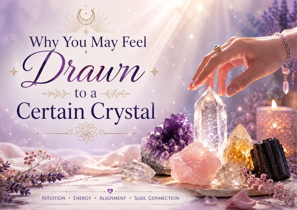 A hand reaching toward glowing crystals with the words Why You May Feel Drawn to a Certain Crystal, representing intuition, energy, and spiritual connection.