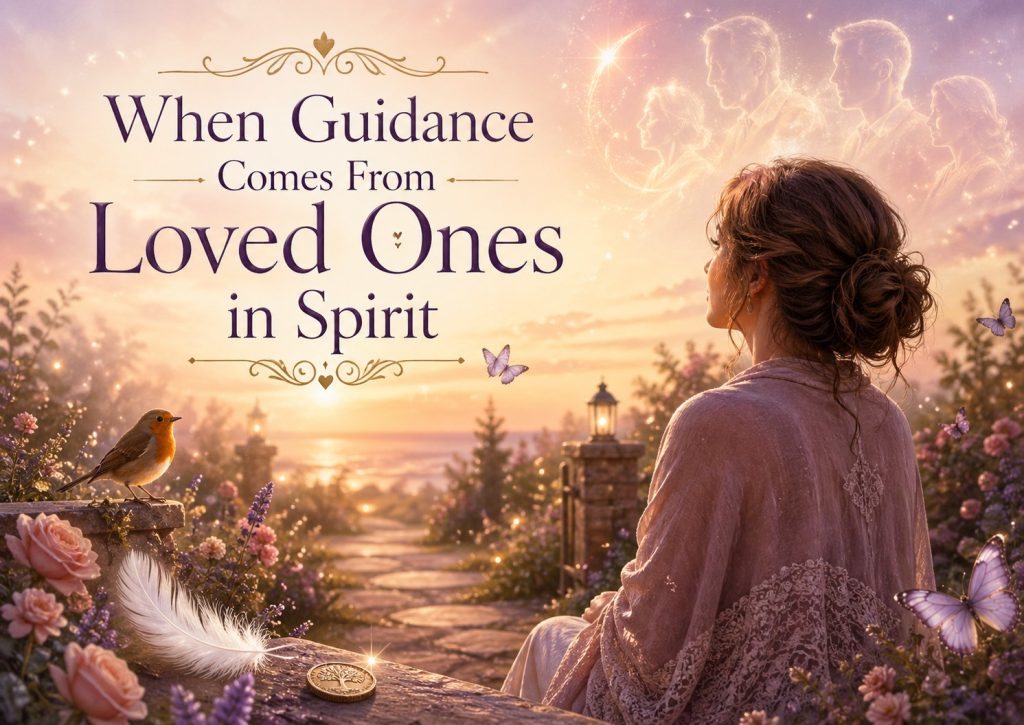 A woman in a peaceful garden looking toward glowing spirit figures in the sky, with signs from loved ones including a feather, robin, coin, and butterflies.