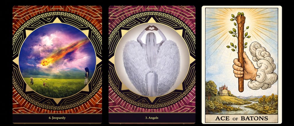 Three cards lined up for a good news pick a card reading, featuring Jeopardy, Angels, and the Ace of Batons.