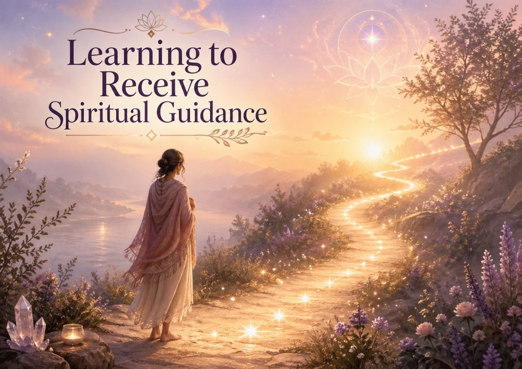 A woman standing at the beginning of a glowing path, symbolising learning to receive spiritual guidance through intuition and trust.