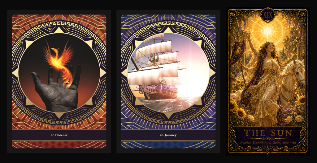 Three pick-a-card reading cards arranged horizontally: Phoenix, Journey, and The Sun, representing renewal, movement, hope, and joyful success.