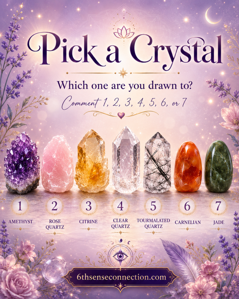 Pick a crystal reading with seven crystals including Amethyst, Rose Quartz, Citrine, Clear Quartz, Tourmalated Quartz, Carnelian, and Jade