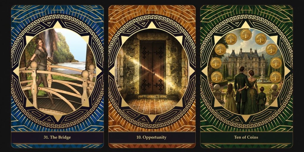 I want some good news. Pile 1 pick a card reading featuring The Bridge, Opportunity and the Ten of Coins for the post Pick a Card: What Good News Is Coming Your Way.
