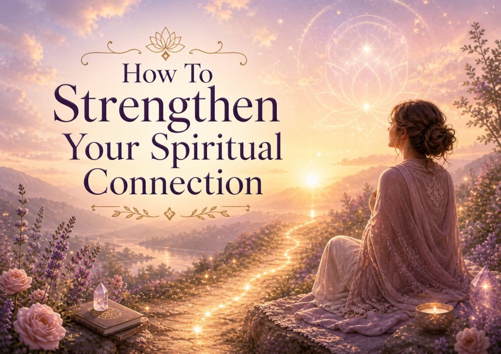 A woman sitting peacefully beside a glowing path at sunset, symbolising how to strengthen your spiritual connection through intuition, clarity, and trust.