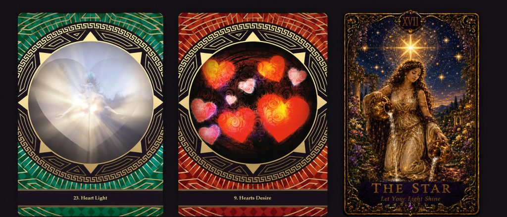 Two oracle and a tarot card for Pile 2 showing Heart Light, Hearts Desire, and The Star for a good news pick a card reading about love, healing, and hope.