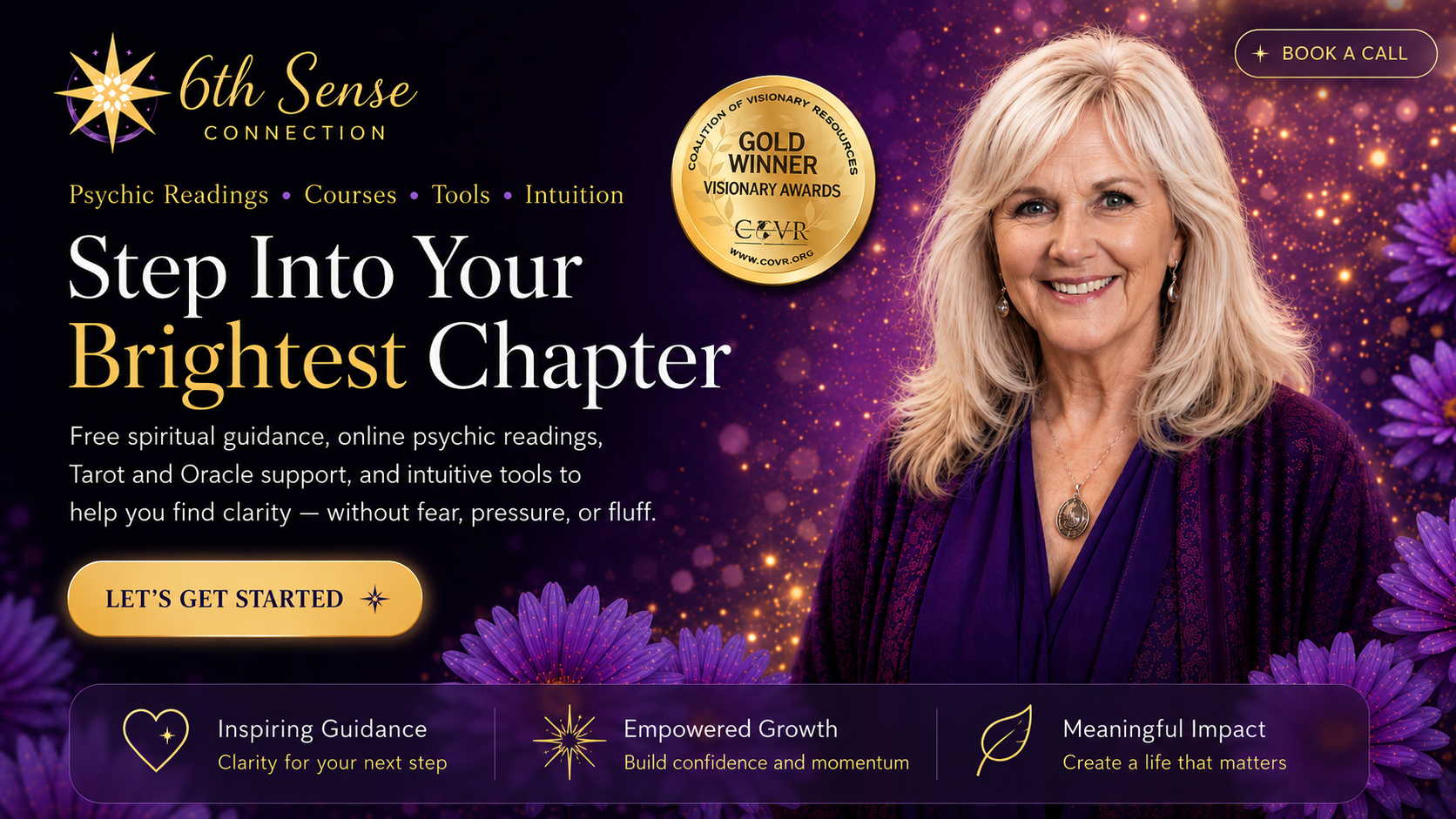 Homepage banner showing Anne-Marie smiling beside 6th Sense Connection branding, a COVR Gold Winner award seal, purple flowers, and text about free spiritual guidance and online psychic readings.