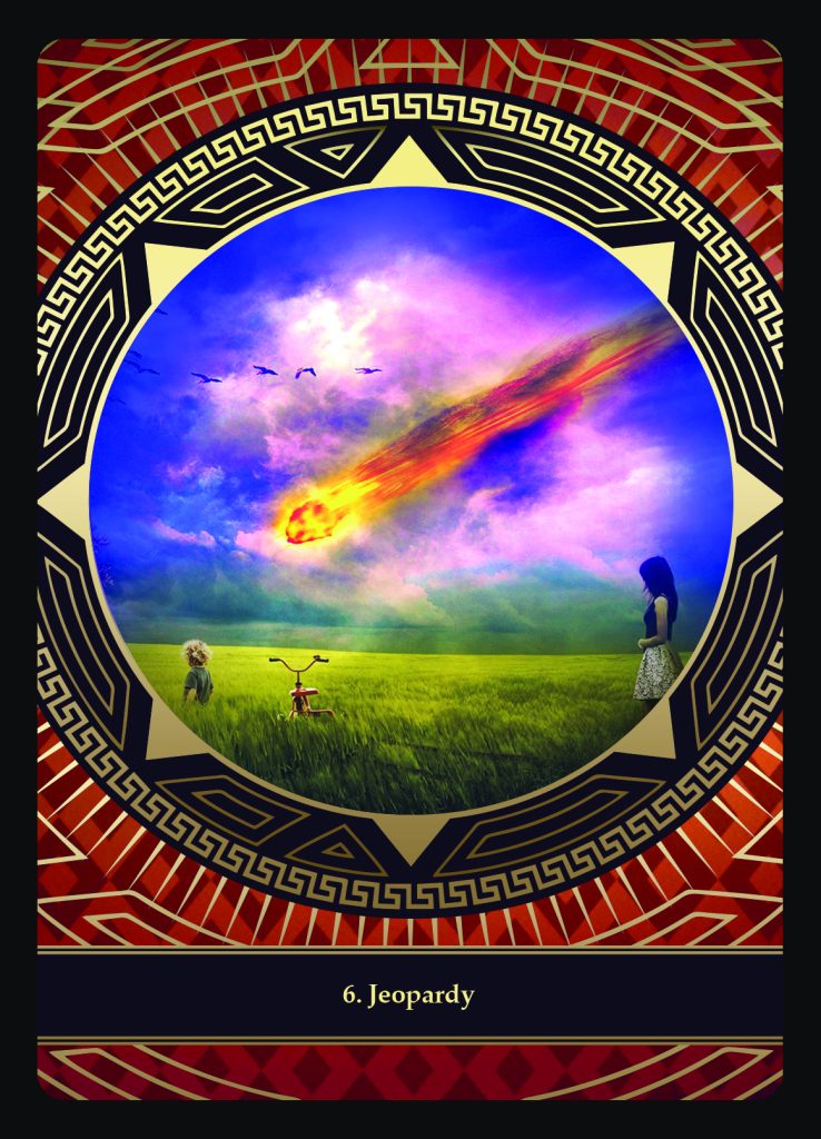 Jeopardy, card 6, showing a fiery object streaking toward a landscape.
