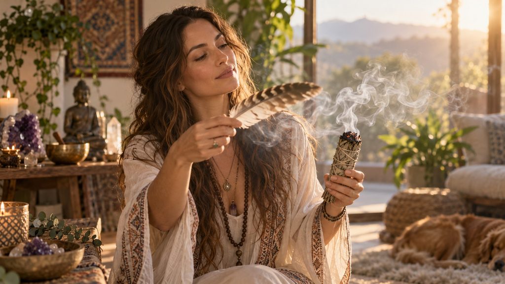 Woman cleansing a room with a smoking sage stick and feather.
