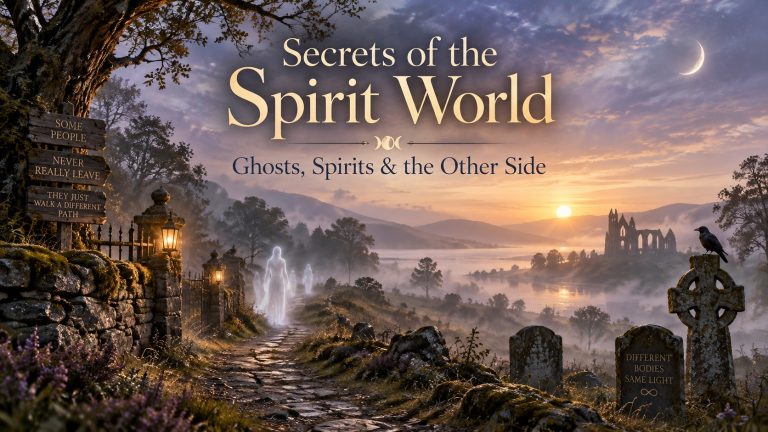 Misty spiritual landscape with ghostly figures walking along a path near an old graveyard and ruined abbey at sunrise, illustrating the secrets of the spirit world, ghosts and spirits.