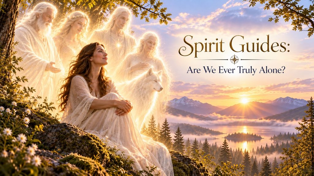 Woman surrounded by glowing spirit guides overlooking a peaceful mountain valley at sunrise.