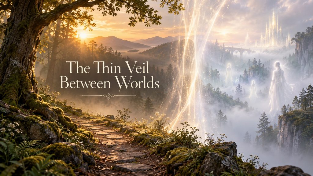 A shimmering golden veil separates a sunlit woodland from a misty spirit world, where luminous figures appear among the trees.