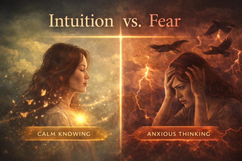 “Visual comparison of calm intuitive energy versus anxious fear response.”