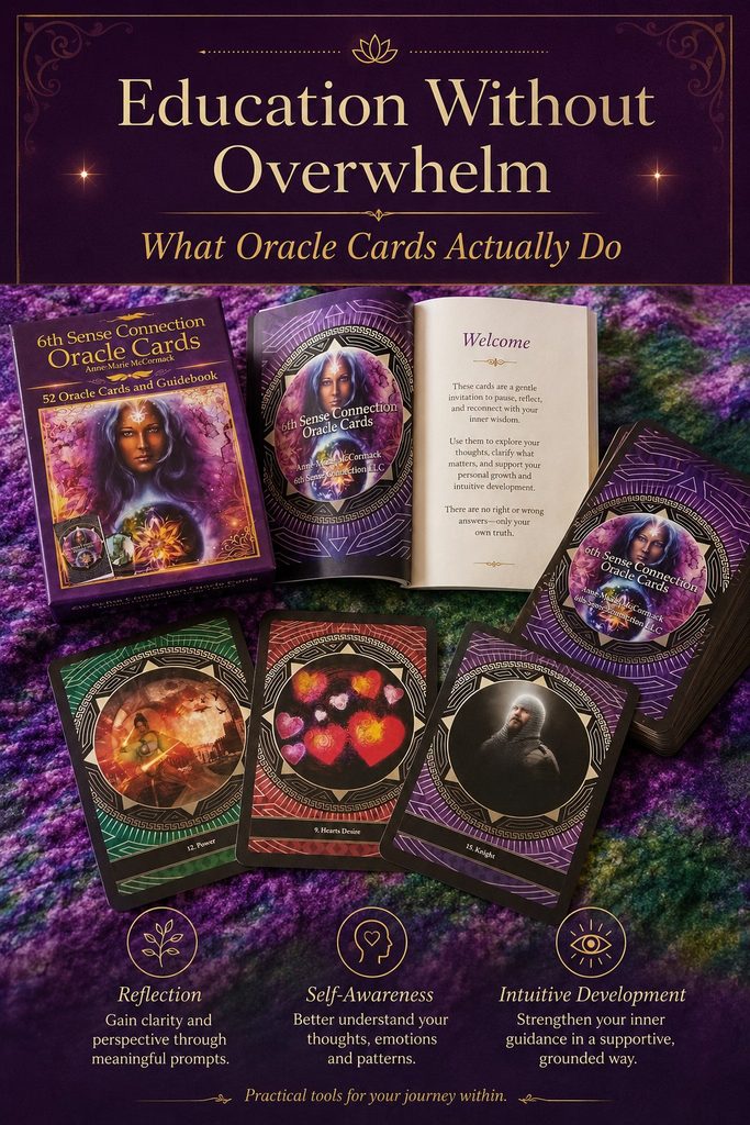 6th Sense Connection Oracle Cards and guidebook showing how oracle cards support reflection, self-awareness and intuitive development