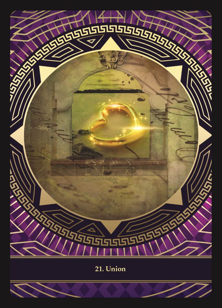 Union, card 21, showing golden rings framed by an archway.