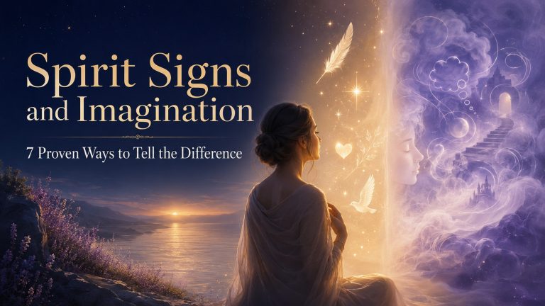 Woman reflecting beside a glowing spiritual scene representing the difference between Spirit signs and imagination