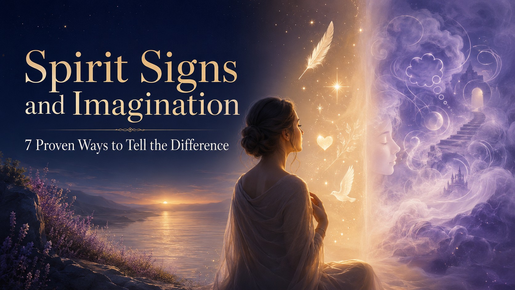 Woman reflecting beside a glowing spiritual scene representing the difference between Spirit signs and imagination