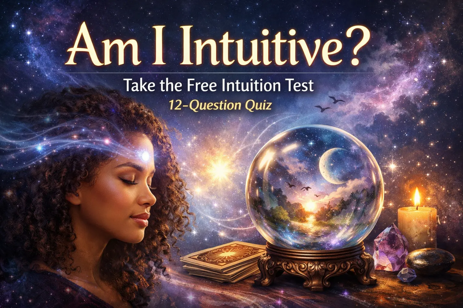 Am I Intuitive? Free 12-question intuition quiz, with a woman beside a crystal ball.