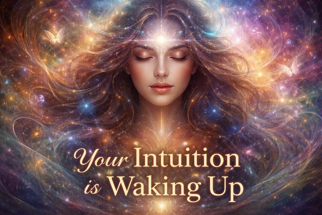 A serene woman with eyes closed and a glowing third eye surrounded by cosmic light and butterflies, symbolising intuition awakening and spiritual awareness