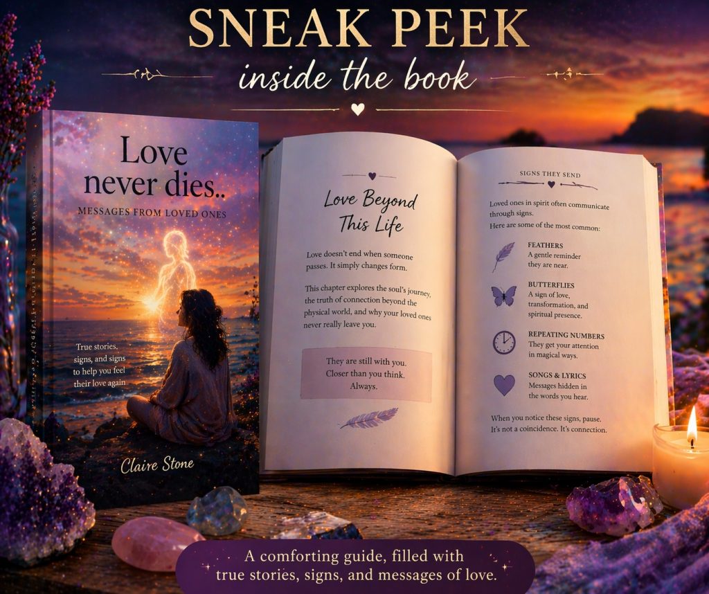 Open book showing a sneak peek of Love Never Dies: Messages from Loved Ones, set against a glowing sunset with candles and crystals, representing comfort, healing, and spiritual connection.