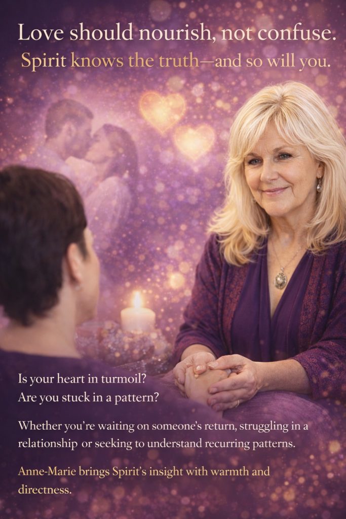 Anne-Marie psychic medium holding a client’s hands during a love reading with soft glowing hearts and candlelight.