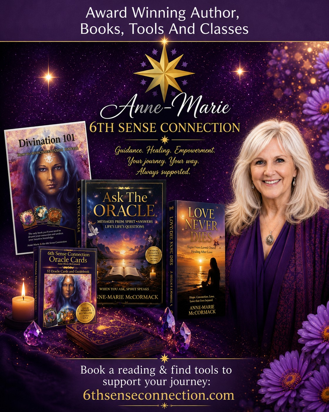 Vertical 6th Sense Connection image featuring Anne-Marie, her books, oracle cards, spiritual tools, crystals, and website details.