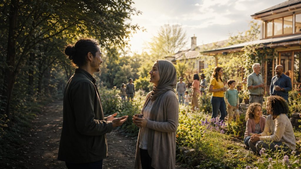 Two people from different backgrounds having a respectful conversation in a welcoming community garden.