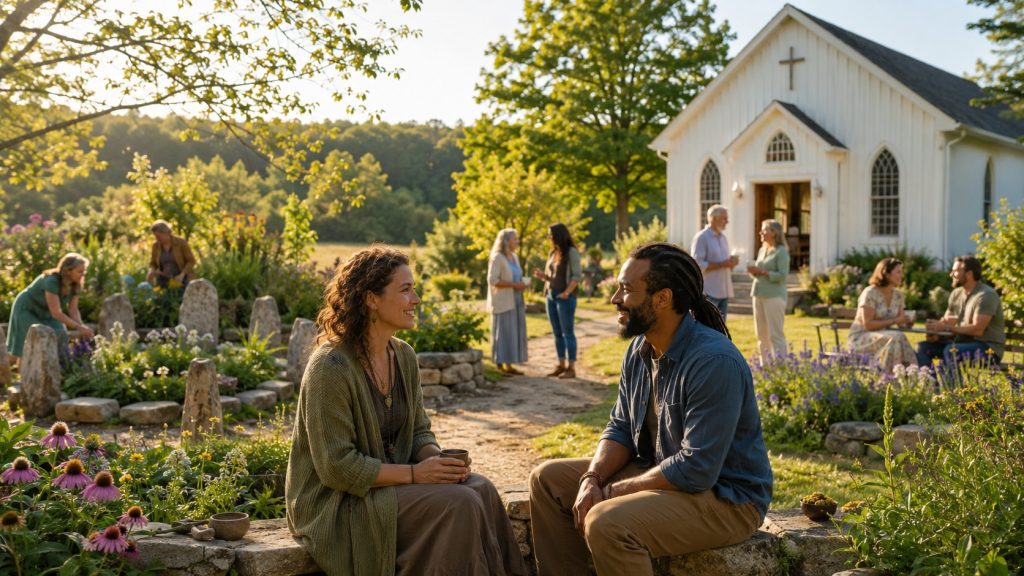 Two people from different spiritual backgrounds sharing a respectful conversation between a country church and a peaceful natural garden.