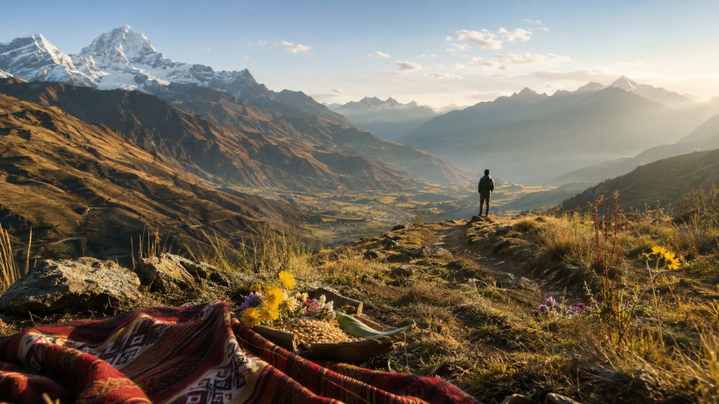 Peaceful Peruvian Andes landscape representing Pachamama, sacred mountains and the connection between all living things.