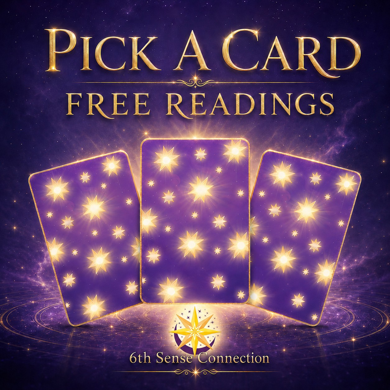 Three purple oracle cards with golden stars for free pick a card readings from 6th Sense Connection