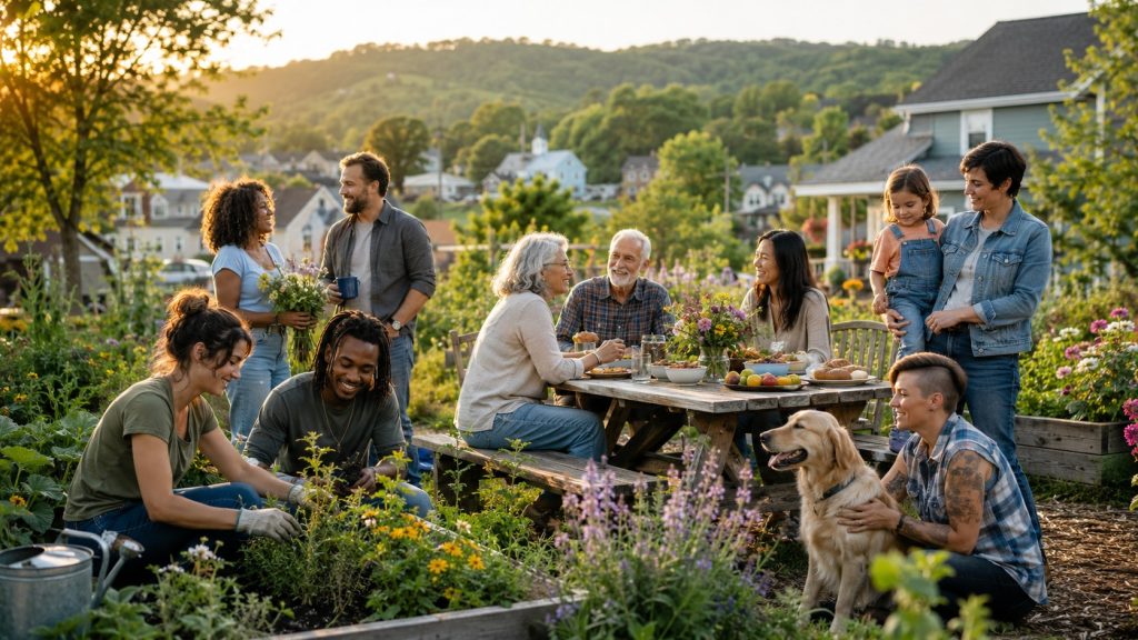 Diverse people and families enjoying community life in a bright garden setting, representing Pagans as ordinary, caring people.