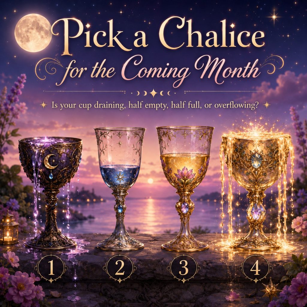 Four mystical chalices showing draining, half empty, half full, and overflowing cups for a Pick a Card Reading: Choose a Chalice spiritual guidance image.