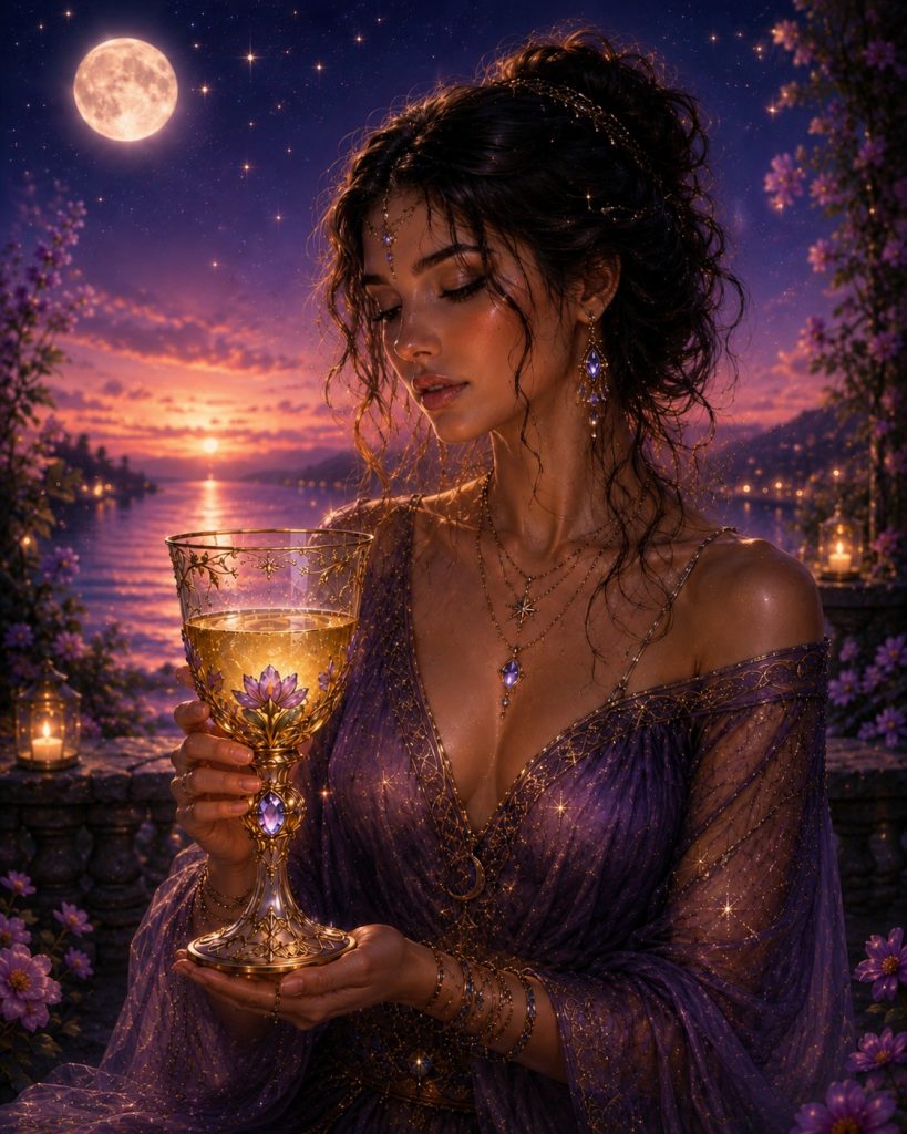 A mystical woman in a flowing purple gown holding a glowing golden half full chalice in a magical lakeside setting for a pick a card reading choose a chalice image.