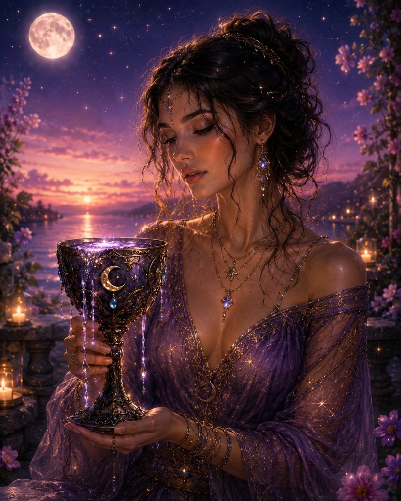 A mystical woman in a purple gown holding a dark ornate chalice with glowing purple liquid spilling over the sides for a pick a card reading choose a chalice image.